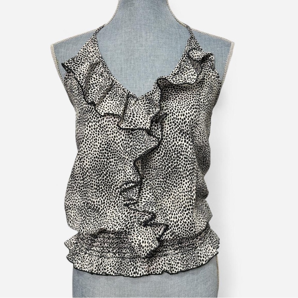 Papaya Y2K Halter Top Size S B&W Animal Print Ruffle V-Neck Ruched Waist 90s EUC